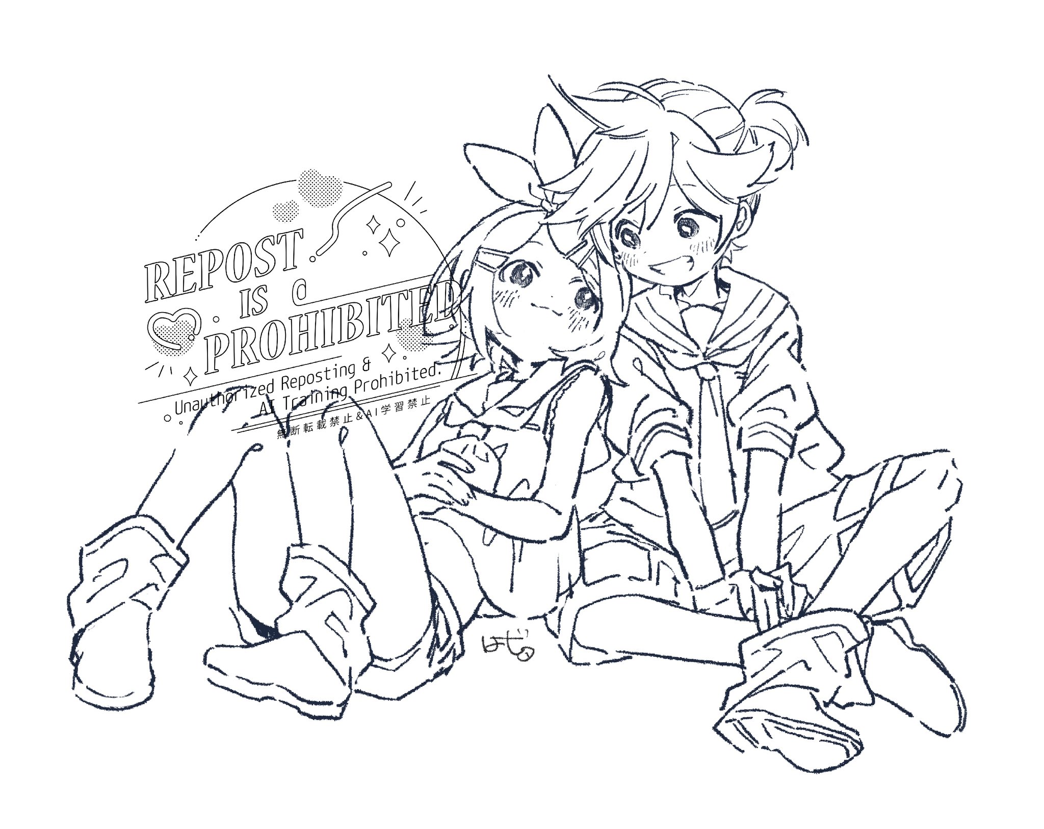 a black and white sketch of rin and len kagamine, two popular vocaloid characters, sitting close together. rin is leaning against len, who has his arm around her.  the drawing style is loose and expressive.  a watermark across the image states "repost is prohibited" along with a copyright notice in japanese and english. the overall mood is sweet and affectionate.