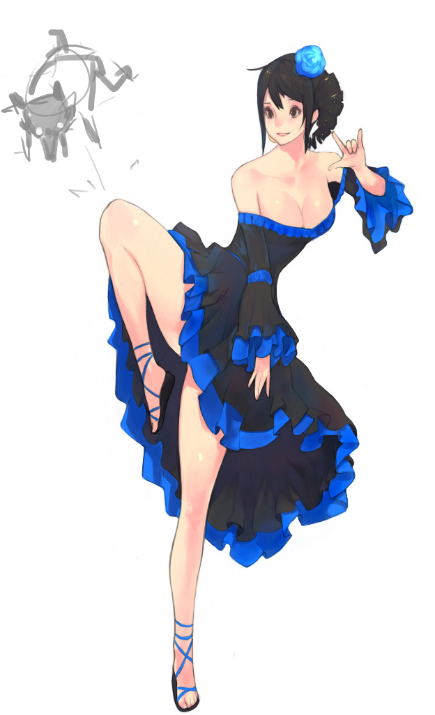the image showcases an animestyle illustration of a young woman in a stylized spanish dress. the dress is predominantly black with vibrant blue accents. the woman is captured midhigh kick, showcasing her long legs. she is smiling and appears cheerful. the background is a pure white, putting all focus on the character.