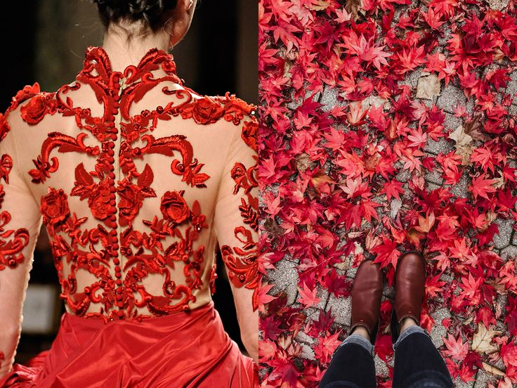 this image is split into two halves. the left side shows a woman wearing a red dress with intricate floral embroidery and lace detailing. the right side shows a pair of feet walking on a sidewalk covered in red autumn leaves. the woman's shoes are brown boots. the image suggests the beauty of autumn and the elegance of fashion.