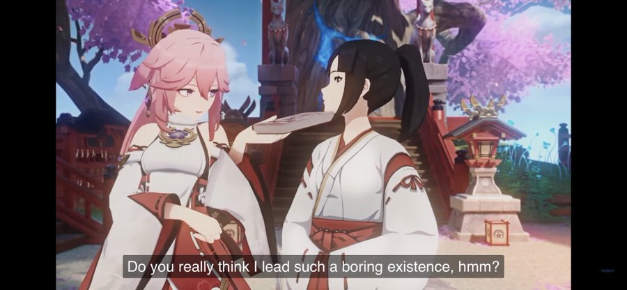 a screenshot of a video game with two anime girls, one with pink hair and the other with black hair, both wearing traditional japanese clothing. the girl with pink hair is looking at the girl with black hair. there is a speech bubble above the girl with black hair that says "do you really think i lead such a boring existence, hmm?" the game is set in a japanese garden with pink blossoms and a red shrine in the background.