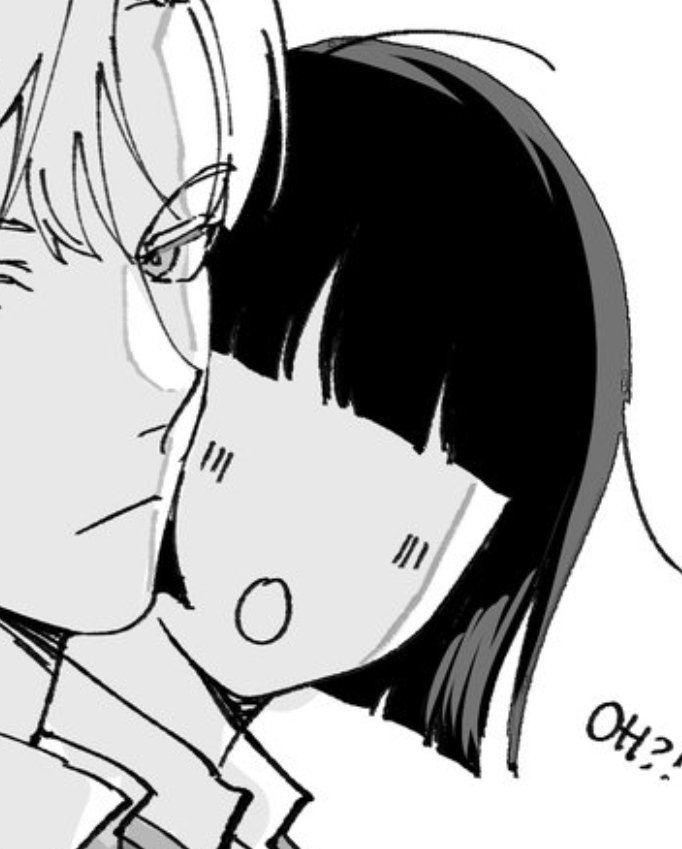 the image is a black and white closeup mangastyle drawing of a young couple.  a girl with short, blunt bangs is leaning her head against a boy's shoulder. the boy's face is partially visible in profile, and his expression appears serious or slightly surprised. the girl's expression is more open, perhaps displaying surprise or a shy reaction. the word "oh?!" is written near the girl's hair, suggesting a reaction to the moment. the style is reminiscent of many contemporary webtoons or manga illustrations, focusing on simple lines and impactful expressions rather than intricate details. the overall mood is intimate and somewhat romantic.