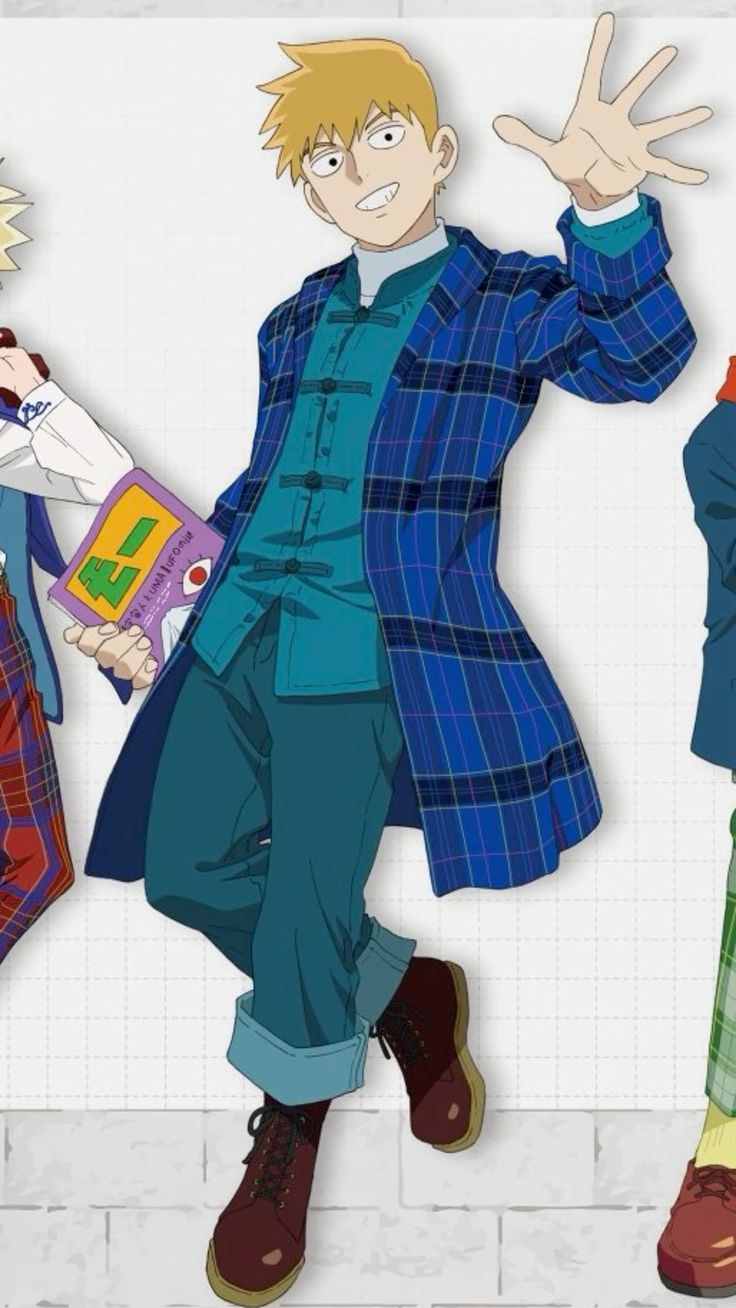 the image is an illustration of an anime character. he is a young man with blond hair and is wearing a blue plaid coat, a blue shirt, blue jeans, and brown boots. he is holding a book in his left hand and smiling. he is standing with his right arm raised, as if he is greeting someone.