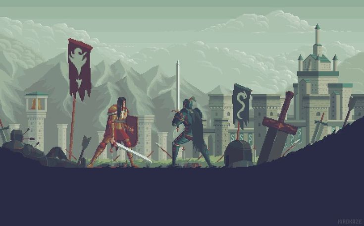 this is a pixel art image depicting a battle scene between two knights in front of a castle. one knight is in red armor with a shield, while the other is in dark armor. there are dead soldiers, arrows, swords, helmets, and banners scattered on the ground. in the background, there is a castle, mountains, and clouds.