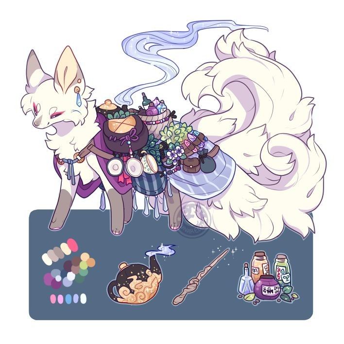 the image depicts a fantasy creature resembling a white and beige fox with nine large, fluffy tails. it is adorned with a purple cloak, a light blue striped saddle, and various pouches and bags filled with flowers, scrolls, and herbal remedies. on its back is a pack containing potion bottles and other magical items. below the fox, there's a teapot, a wand, and additional potion bottles with herbs. a color palette of pastels is included to the left. the overall style is whimsical and cute, suggesting a magical or mystical theme.