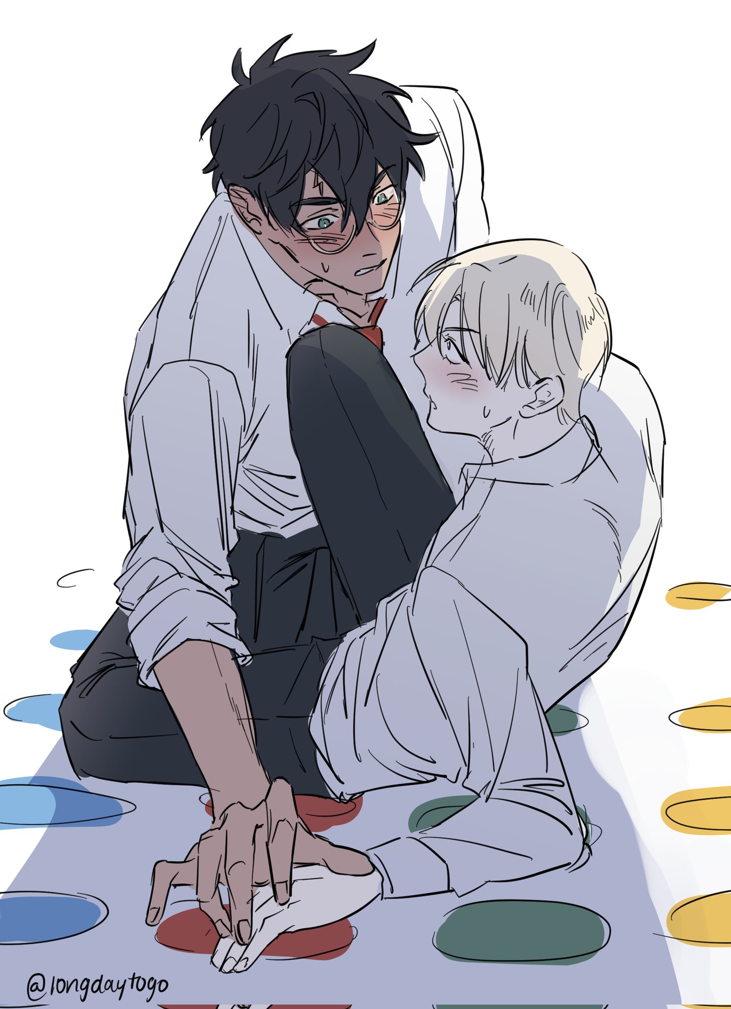 the image is fanart depicting a romantic scene between two male characters.  the art style is anime/mangainspired with soft lines and coloring. one character, with dark hair and glasses, is leaning over the other, a blondhaired character. they appear to be playing a game similar to twister on the floor.  the overall mood is intimate and playful, with the characters displaying signs of affection. the style and characters suggest a possible interpretation of a harry potter fanfiction pairing. the artist's handle, @longdaytogo, is visible in the corner.