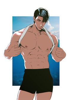 the image showcases a muscular man with dark hair and tan skin against a beach backdrop.  he's in the process of removing a white tank top, revealing his toned physique. he's wearing black swim trunks and stands confidently with the ocean and sky visible behind him.  the soft lighting and low camera angle contribute to the overall attractive and somewhat suggestive tone of the image.