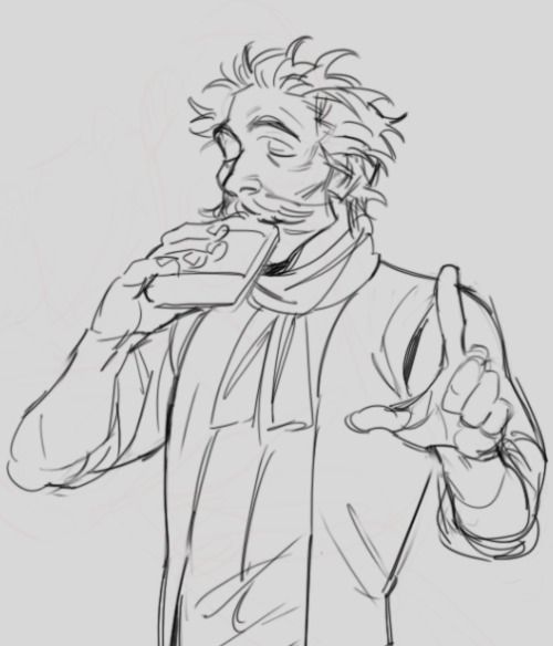 a sketch of a man with a beard wearing a scarf and collar. he is holding a snack in his right hand and his left hand is raised towards the viewer. the drawing is in black and white and the background is white.