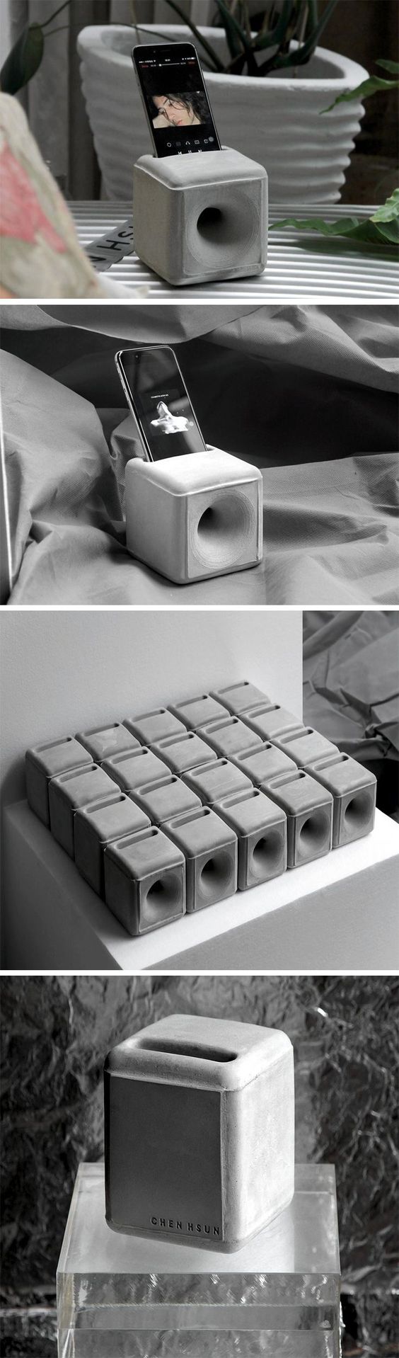 this image showcases a series of innovative and stylish concrete speakers. the first image features a single speaker in a cube shape with a phone placed inside, showcasing its functionality. the second image shows a larger, more intricate design with multiple smaller cubes that form a larger speaker. finally, the third image presents a sleek, standalone concrete speaker that exudes a minimalist and modern aesthetic. the concrete material adds a unique and industrial touch to these speakers, while their design is both functional and visually appealing.