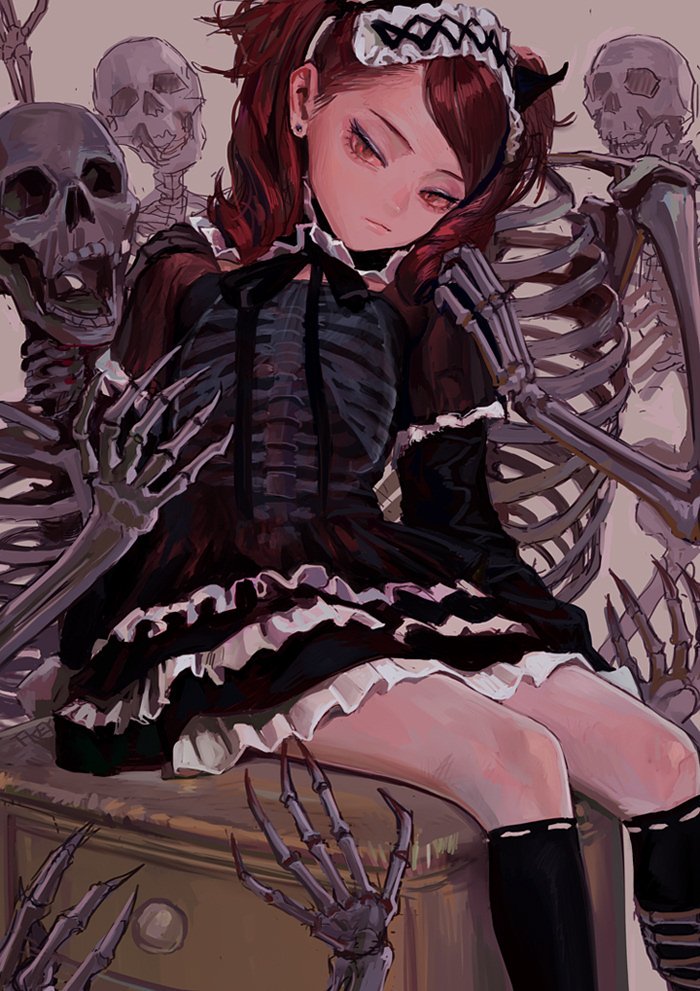 the image depicts an animestyle girl with red hair wearing a dark gothic dress, sitting amidst skeletons. the scene is dark and macabre, with the girl appearing melancholic. the overall style is reminiscent of gothic lolita and the art is intricately detailed, emphasizing the eerie and spooky atmosphere.