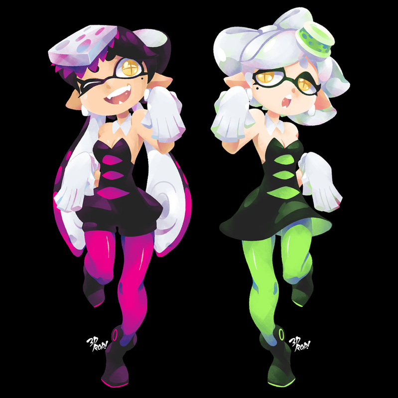 this is a digital illustration of the squid sisters, callie and marie, from the video game splatoon. callie is on the left side of the image and she has pink hair and a pink dress with a white jacket, she is also wearing pink tights. marie is on the right side of the image and she has green hair and a green dress with a white jacket, she is also wearing green tights. both characters are wearing white gloves and white shoes with red accents. the background is black and the girls are glowing with a neon effect.