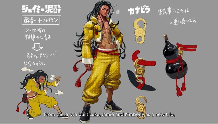 this is a concept art of jamie, a character from the street fighter video game series.  the image shows his design as well as some of his fighting style which is a mix of drunken fist and breakdancing.  the image is also written in japanese with descriptions of the character.