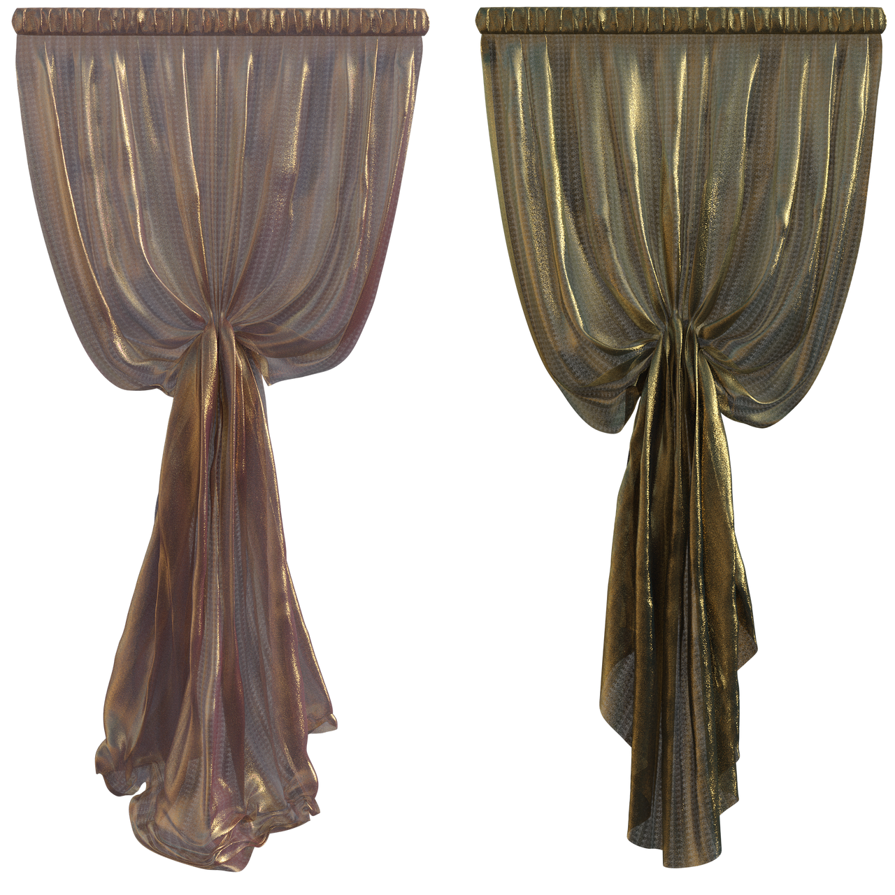two ornate, tied curtains are shown against a black background. the curtain on the left is a reddishgold color, while the curtain on the right is a darker, more traditional gold. both curtains are sheer and have a metallic sheen. they are draped and tied in a way that creates a luxurious and elegant look.