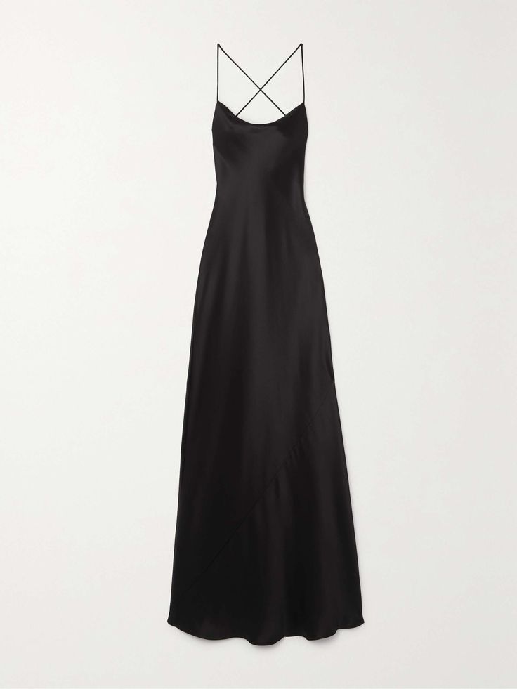 a black satin maxi dress with thin straps that cross at the back. the dress is simple and elegant and could be dressed up or down. it is perfect for a party or special occasion.