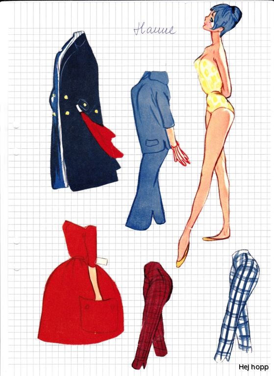 an illustration of a paper doll and several items of clothing on grid paper. the doll is a slender woman with blue hair and a yellow polka dot swimsuit. there are several clothing items depicted, including a navy blue coat with gold buttons and red trim, a blue jacket and pants, a red dress with a hood, red plaid pants, and blue and white plaid pants. the name "hanne" is written at the top, and "hej hopp" is at the bottom.