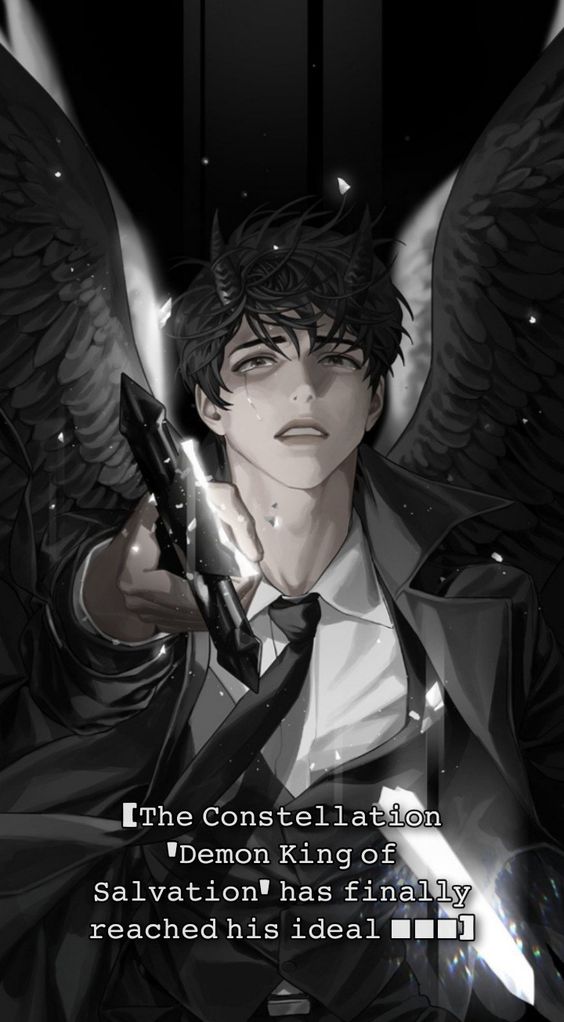 a black and white, dramatic illustration of a young man with black feathered wings. he is dressed in a suit, with a tie slightly undone, his expression serious as he holds a dark, shattered sword towards the viewer. he has small, dark horns on his forehead, blending the imagery of angel and demon. the text overlay reads, "[ the constellation 'demon king of salvation' has finally reached his ideal ☐☐☐ ]". the overall style is reminiscent of manga or anime.