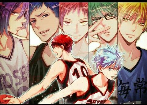 the image is a vibrant piece of fanart showcasing the main characters from the popular anime and manga series, kuroko no basuke (kuroko's basketball).  it features the six members of the generation of miracles basketball team—aomine, kise, midorima, murasakibara, akashi (partially obscured), and kuroko—along with their teammate kagami taiga.  the characters are depicted in dynamic poses, some with their basketball jerseys visible. the art style is typical of anime/manga, with expressive eyes, detailed hair, and a colorful palette. the overall composition is energetic and visually engaging, conveying the spirit of the team and the series.