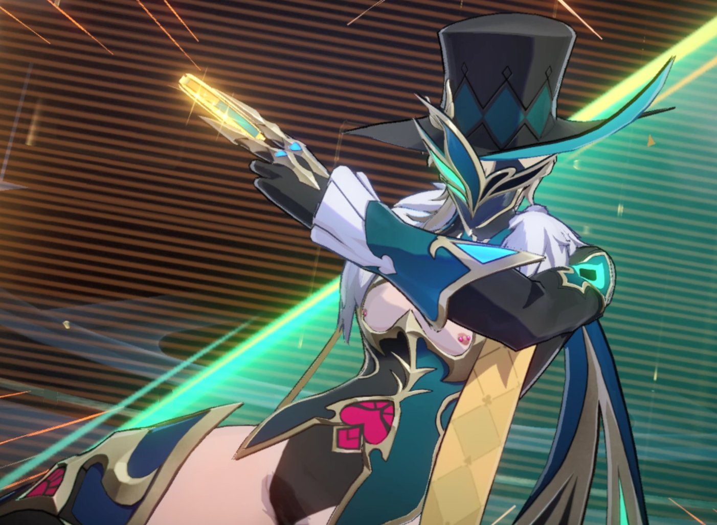 this image showcases a female anime character with a powerful and dynamic pose. she is dressed in a striking blue, green, and black outfit with a large hat and intricate details, holding a golden weapon. the background features a vibrant blue and green color scheme, creating a sense of energy and action. the character's facial expression is obscured by a stylized mask, adding to her mysterious and captivating appearance. this image exemplifies the dynamic and engaging nature of anime art, capturing the character's strength and determination.