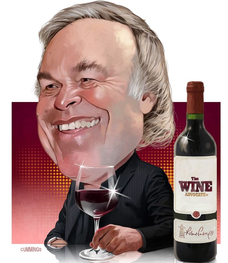 a caricature of robert parker, a prominent wine critic, is shown holding a glass of red wine. next to him is a bottle of wine labeled "the wine advocate." he is smiling broadly. the background is a red gradient with a dotted pattern. the style is illustrative and exaggerated.