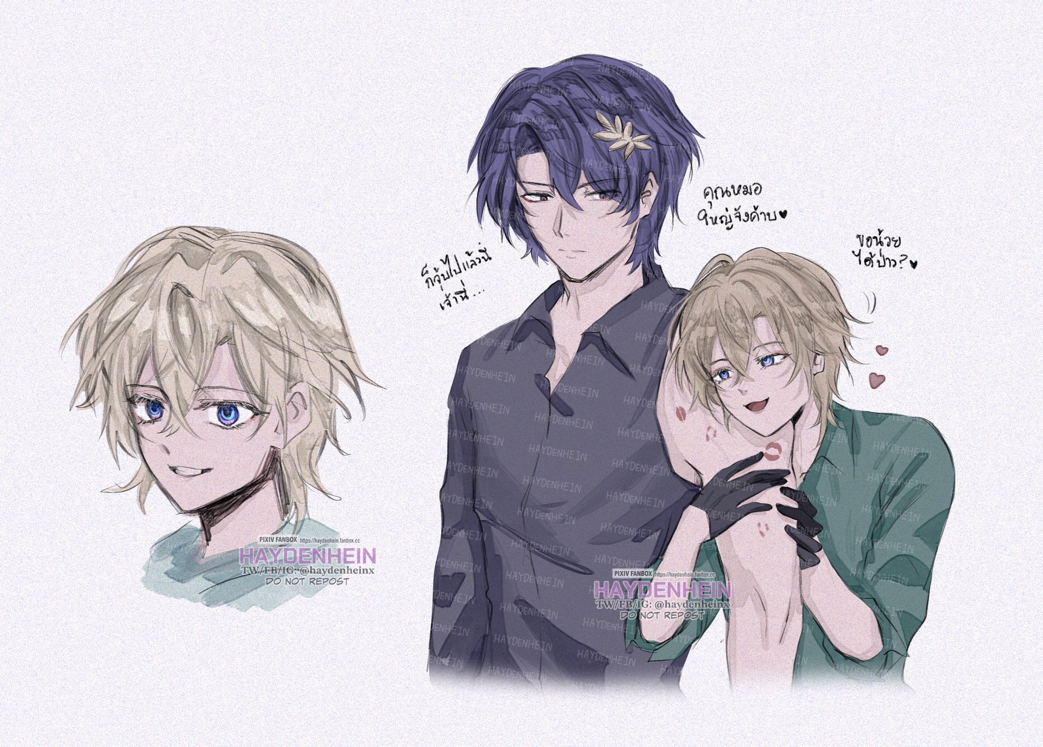 this is a fan art of a romantic anime couple. it depicts two boys, one with blue hair and the other with blonde, embracing with a cute and playful kiss. the blonde boy is blushing and looking at the blue haired boy with admiration. the scene is filled with romantic energy, with the