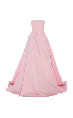 a beautiful pink strapless gown with a flowing skirt. the dress is made of a soft, silky fabric and has a classic, timeless style. the gown is perfect for a special occasion, such as a wedding, prom, or other formal event.