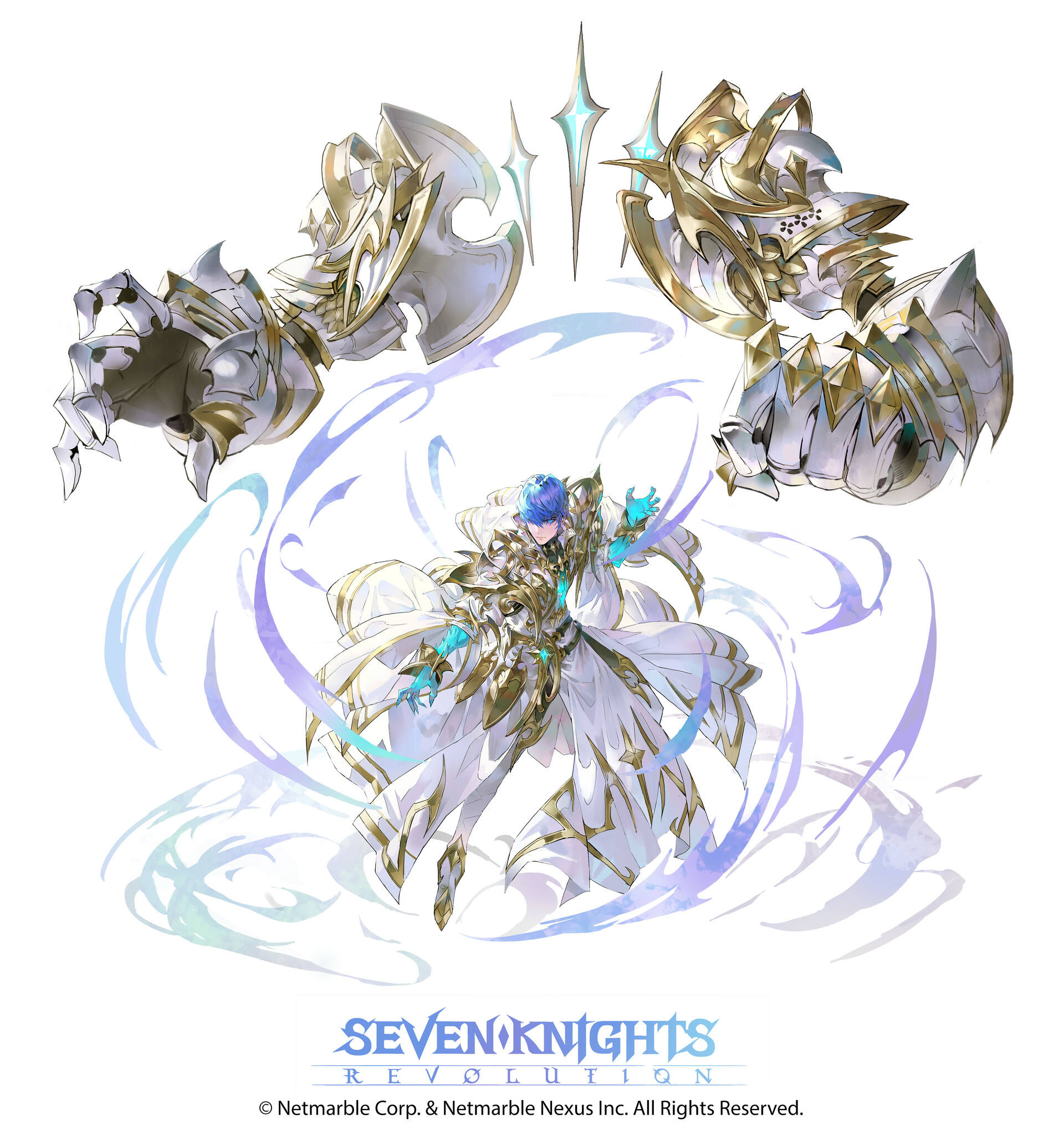 the image depicts an animestyle character from the game seven knights revolution. the character is a male figure with blue hair, wearing a white robe with golden accents and adorned with elaborate armor. giant, ornate gauntlets float on either side of him, while a swirling mist surrounds the character. in the lower portion of the image, the logo for "seven knights revolution" is prominently displayed, along with copyright information for netmarble corp. & netmarble nexus inc.