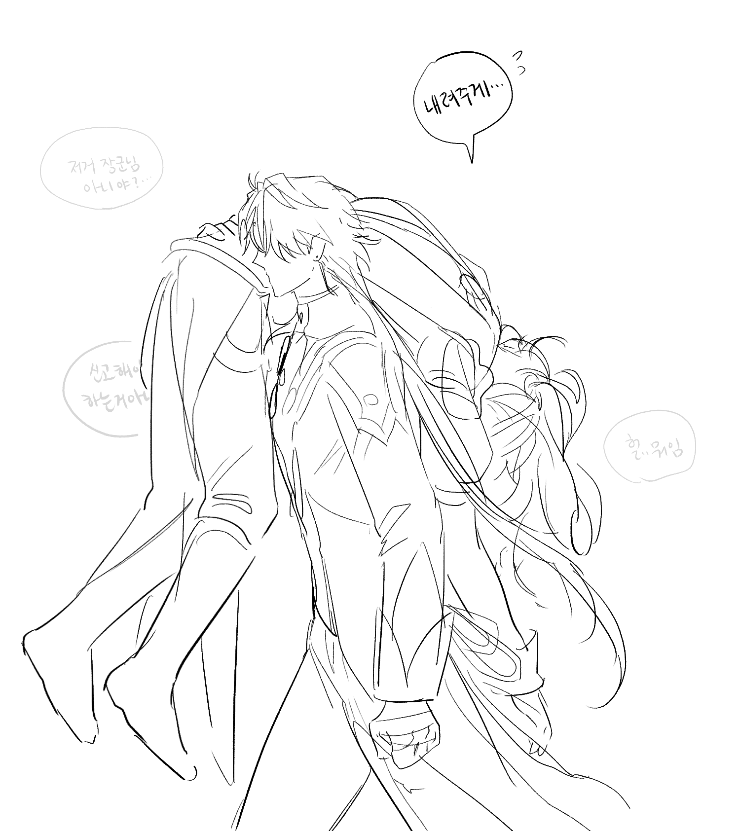 an illustration of a man hugging another man from behind. they are both smiling and appear to be in love. the man in the back is holding the man in the front's waist. the man in the front is leaning back into the hug. the illustration is drawn in black and white, with a