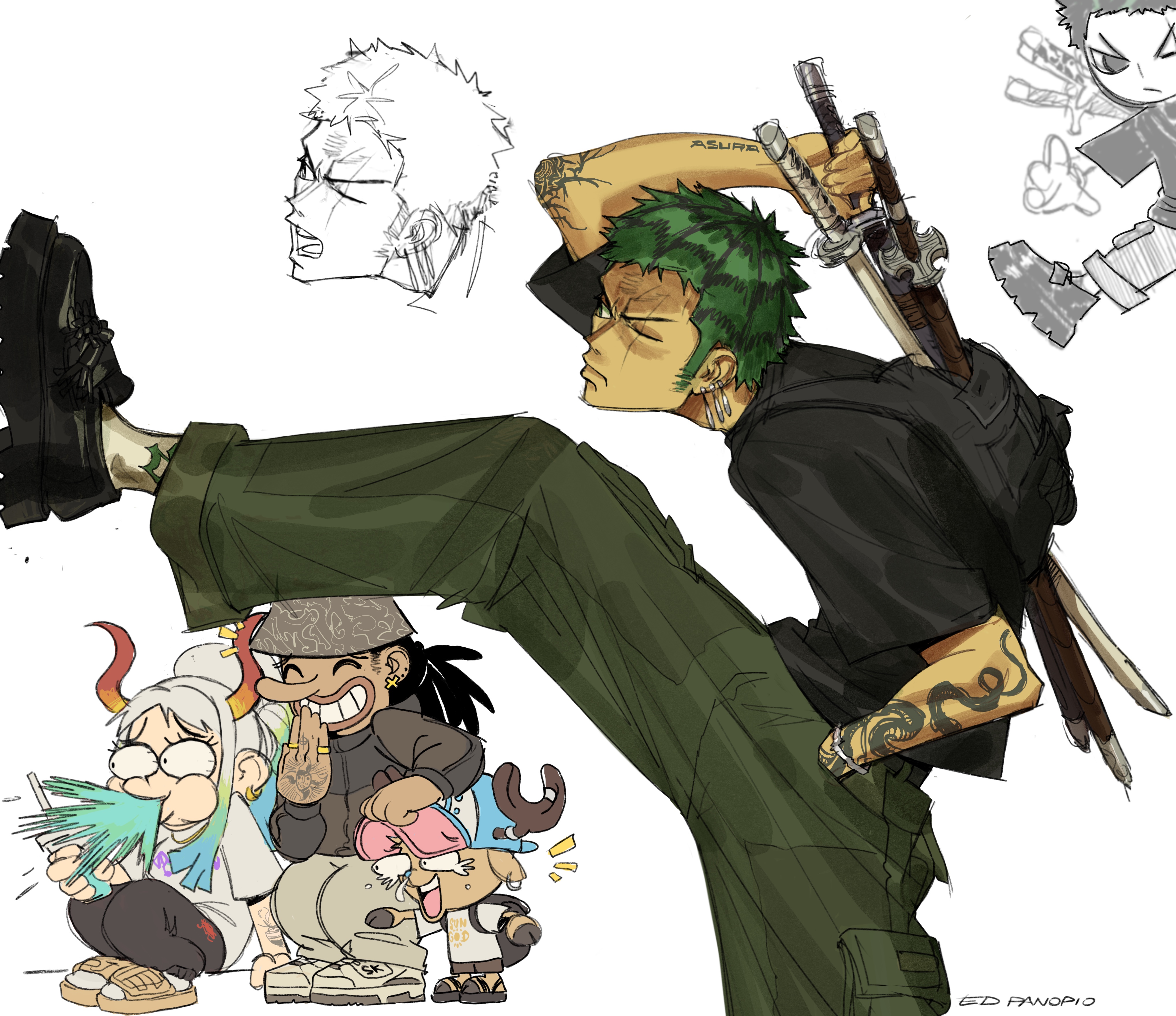 he image is a vibrant and stylized fanart piece featuring roronoa zoro from the popular anime and manga series, one piece.  zoro is depicted in a modern, streetwearinspired outfit, complete with baggy cargo pants, a black tshirt, and tattoos. he's striking a dynamic pose, swords strapped to his back, with one leg raised.  smaller, chibistyle versions of other one piece characters are clustered at his feet.  in the upper portion of the image are sketches—one a detailed line drawing of a head resembling zoro and another a more quickly rendered sketch of a figure, likely a character from the one piece world. the overall style is a blend of anime/manga elements with contemporary fashion sensibilities, resulting in a unique and visually interesting piece of fan art. the artist's signature, "gd panopio," is visible in the bottom right corner.