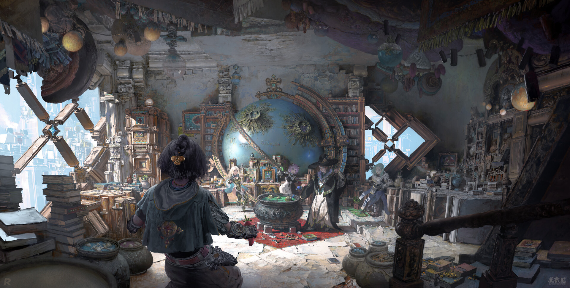 the image depicts a cluttered and messy room bathed in bright, natural light streaming through large windows that offer a glimpse of a futuristic cityscape. inside, four individuals are engaged in what appears to be potionmaking. a large cauldron bubbles over a fire in the center, surrounded by various ingredients and tools. the overall atmosphere evokes a sense of fantasy and magic, hinting at a world where alchemy and sorcery are commonplace.