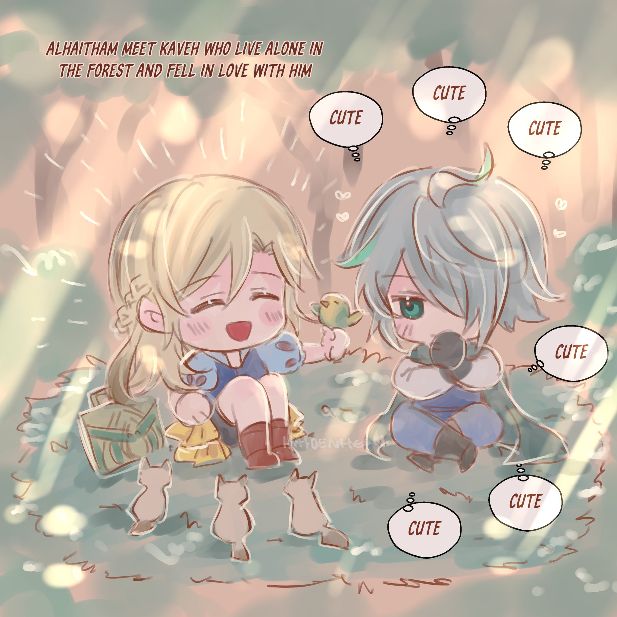 the image is a cartoon illustration of two characters from the game genshin impact, alhaitham and kaveh, in a chibi style. they are sitting in a forest, surrounded by flowers and grass. alhaitham is a tall and handsome man with dark hair and green eyes. he is wearing a black suit and a white shirt. kaveh is a shorter man with blonde hair and blue eyes. he is wearing a blue shirt and brown pants. the characters are both smiling and seem to be enjoying their time together.
