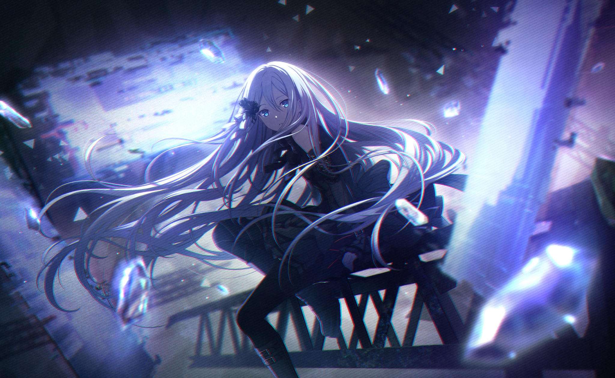 an anime girl with long white hair and blue eyes is sitting on a bridge in a futuristic setting. she is wearing a black outfit and has a flower hair accessory. shards are floating around her.
