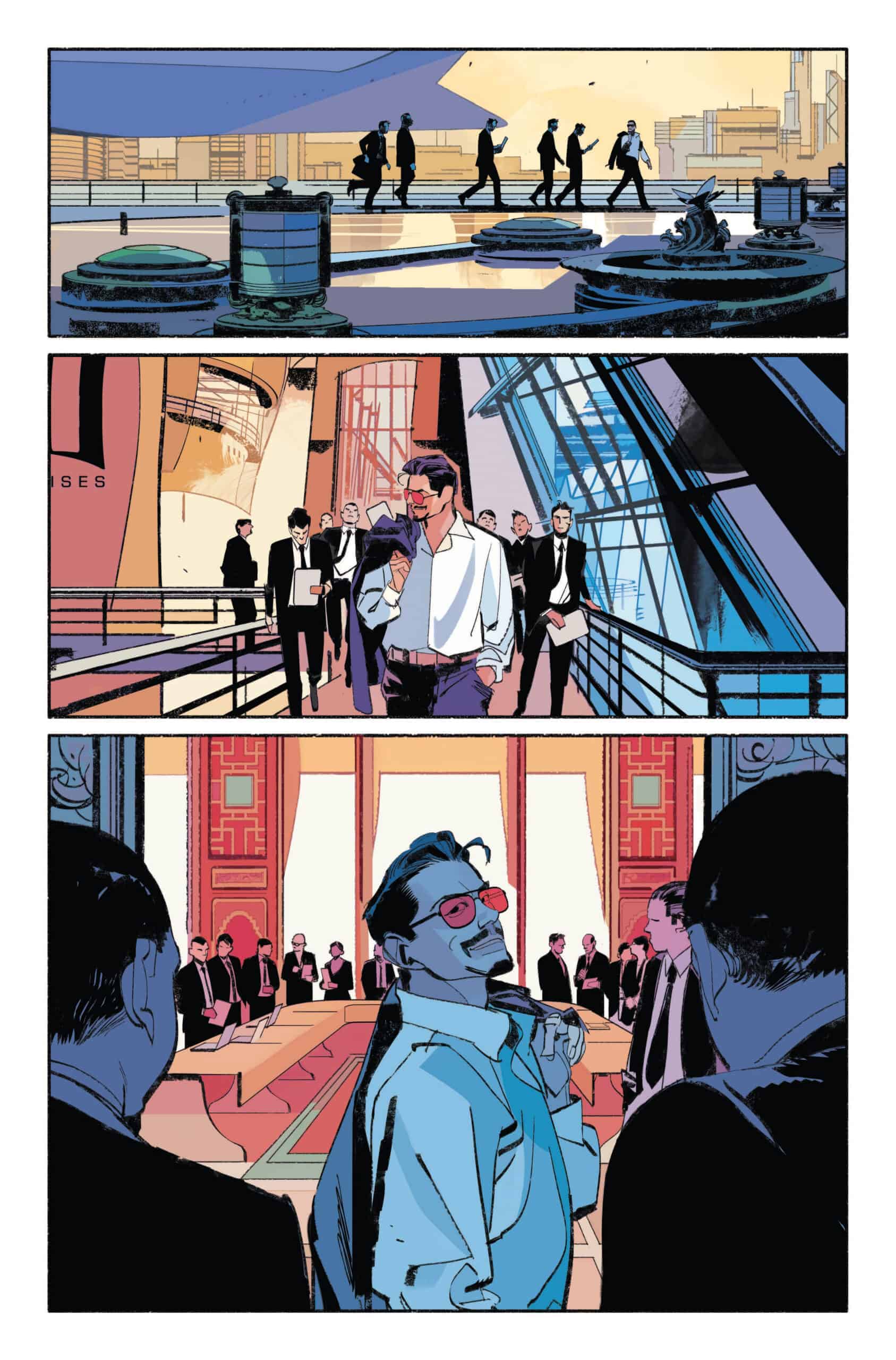 this is a comic book panel depicting a scene with iron man (tony stark). iron man is shown in a sleek suit with sunglasses in a boardroom, smirking as he talks to a group of men in suits. the scene is depicted in a futuristic cityscape with skyscrapers and modern architecture.  the colors in the panel are bright and bold and the style is sharp and angular.  this is a classic example of marvel comic book art that is full of action and drama.
