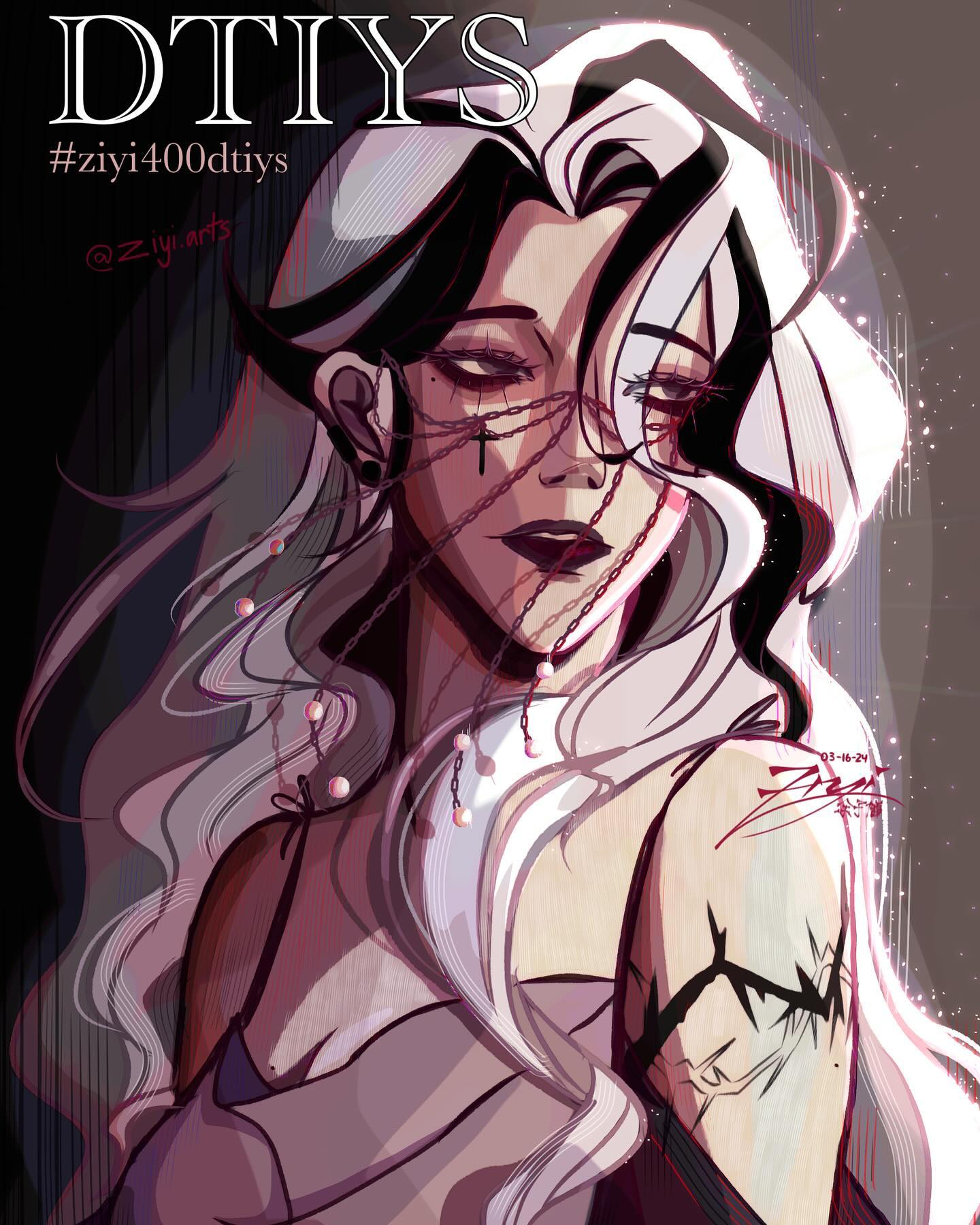 the image is a digital illustration of a stylized female portrait. the woman has long, flowing white and dark hair, and is adorned with chains and pearls as jewelry. she has a dark, almost gothic aesthetic, with dark eye makeup and what appears to be a stylized antler or horn tattoo on her shoulder.  the overall style is elegant yet mysterious, with a fantasy or ethereal feel. the background is a muted dark purplegrey. the image includes the hashtag "#ziyi400dtiys" and the artist's tag "@ziyi.arts", indicating it's a "draw this in your style" challenge piece. the style is painterly and slightly impressionistic, with a blend of sharp and soft lines.
