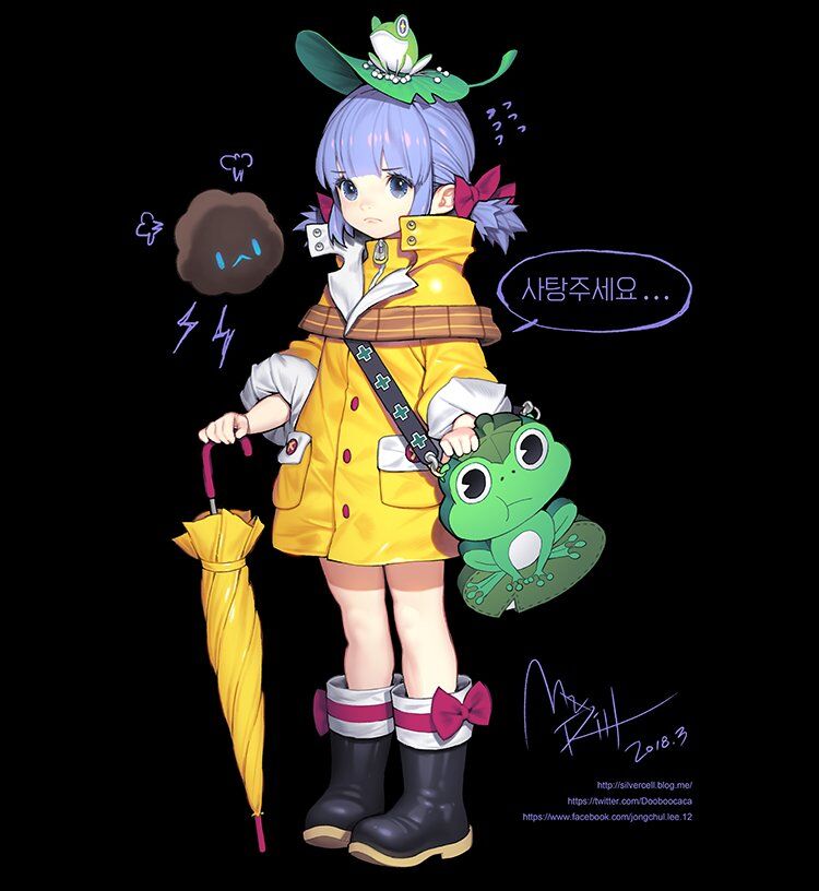 the illustration features a young girl with blue hair and elflike ears, standing against a black background. she wears a bright yellow raincoat, matching boots with red bows, and a whimsical hat adorned with a frog and a water lily. a cartoonish green frog also perches on her bag. she holds a yellow umbrella in her right hand. a stylized, sadfaced brown cloud floats above her left shoulder, suggesting a gloomy mood. the korean text "사랑해주세요.." translates to "please love me..." adding a layer of pathos to the image. the artist's signature is visible on the right, along with the date "2018.3" indicating the year and month of creation.