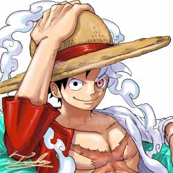 this is an illustration of monkey d. luffy from the popular anime and manga series "one piece". he is depicted with his signature straw hat, red hair and red shirt, as well as his iconic smile. luffy is shown in a dynamic pose, suggesting a sense of action and adventure. he appears to be determined and ready for battle,  his red hair flowing in the wind. he is widely considered to be one of the most popular and recognizable anime characters of all time.