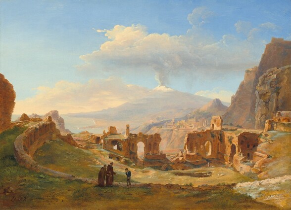a painting depicting a landscape with the ruins of an ancient amphitheater in sicily, with mount etna visible in the background. several figures are standing near the ruins, with mountains, the coastline, and the sea in the distance. the sky is blue with white clouds. the scene is painted in a historical and italian style.