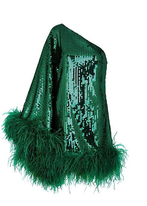 a vibrant emerald green sequined dress adorned with a lush feather trim along the hem. the dress features a striking design with shimmering sequins that catch the light, creating a dazzling effect. the feather trim adds a touch of luxury and texture to the overall look.