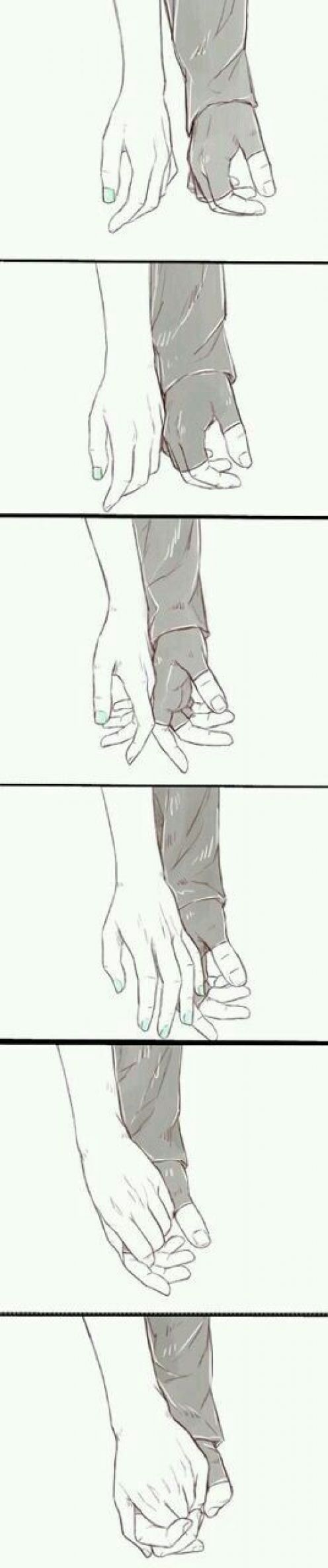 the image shows a series of drawings illustrating two hands, likely a couple's, gradually coming together and clasping. the drawings progress from a pinky promise to a full handhold, demonstrating affection and connection. one hand is lighter in color, while the other is shaded darker, offering a contrast.