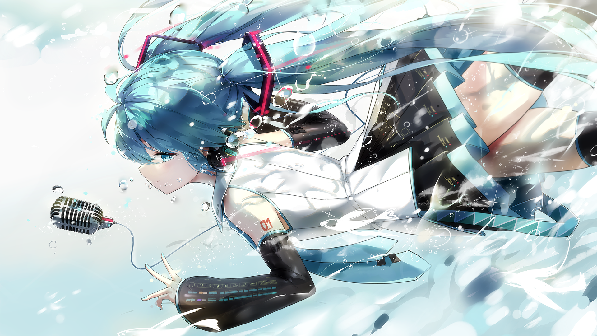 he image is a digital painting or illustration featuring hatsune miku, a popular vocaloid character. she is depicted underwater, with bubbles surrounding her and her long, turquoise twintails flowing in the water.  she's wearing a white dress with futuristiclooking black sleeves and headphones.  she holds a vintagestyle microphone, suggesting she is singing. the overall style is animeinspired, with soft colors and a dreamy, ethereal feel. the artwork is detailed and vibrant, conveying a sense of movement and fluidity.