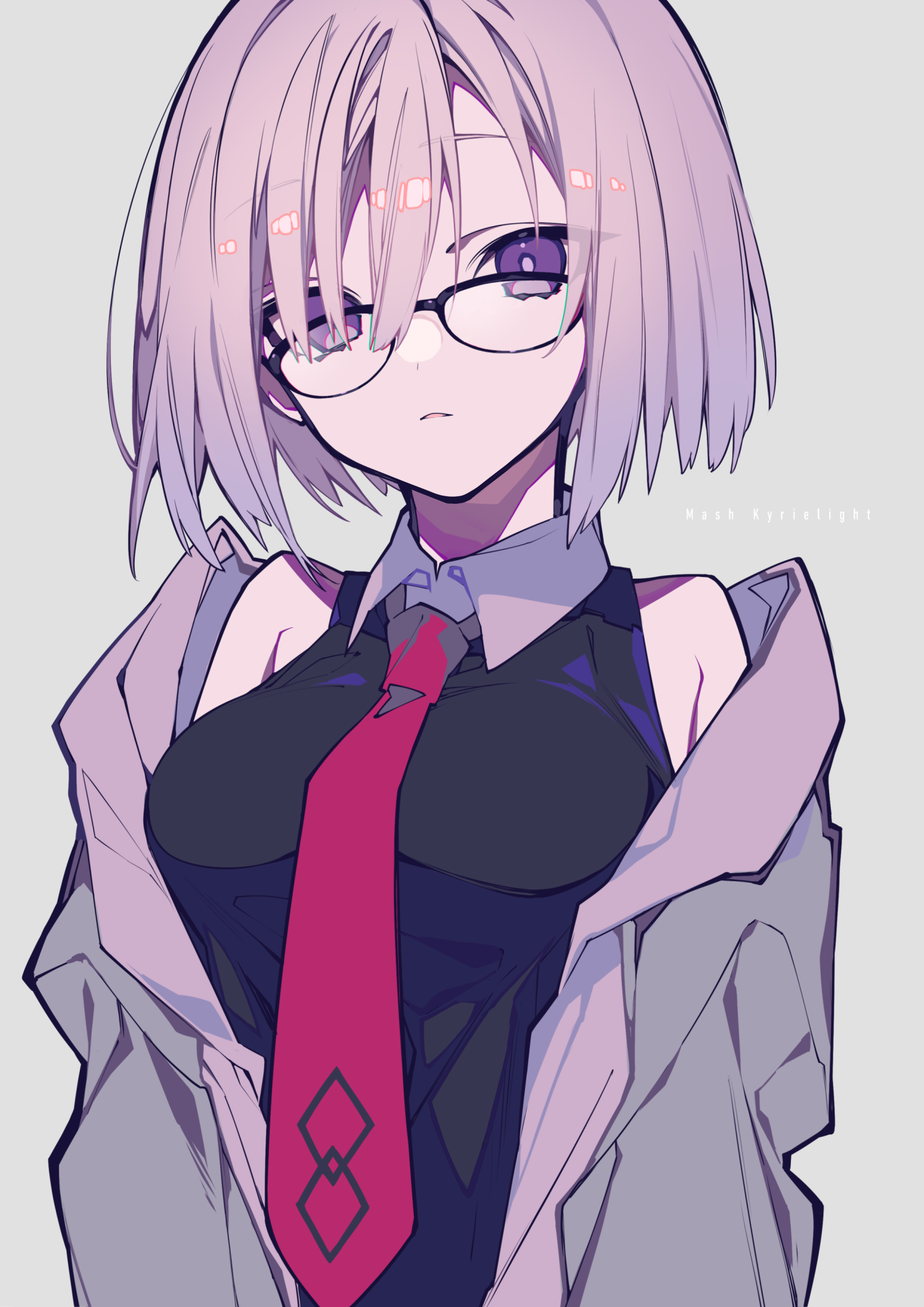 an animestyle illustration of mash kyrielight from fate/grand order. she has short, light purple hair and wears glasses. she is dressed in a black shirt, a red tie with a geometric design, and a light grey jacket.