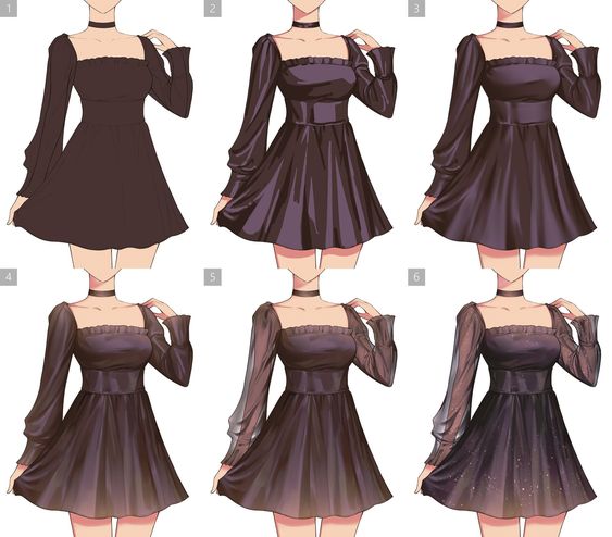 the image showcases six variations of a short, squareneck, longsleeved dress on a stylized female figure. each variation explores different fabric textures and patterns, ranging from simple matte finishes to shimmering, stardusted effects. the consistent pose and neutral background emphasize the subtle details and transformations of the dress across the different designs.