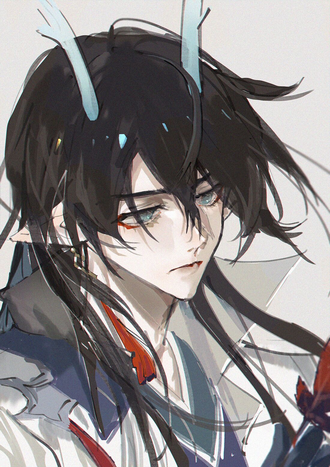 a digital painting of an anime boy with black hair and blue eyes, wearing a white and blue outfit with a red ribbon. he has horns and a stoic expression. the painting is in a style similar to manga art.