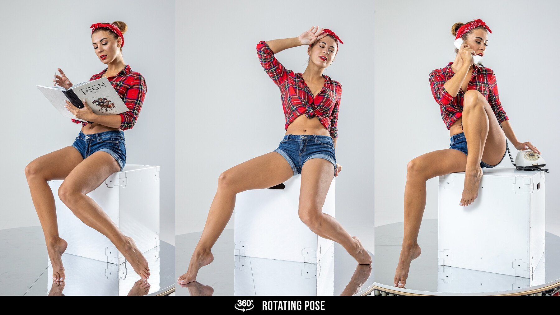 a beautiful young woman is posing in a studio setting. she is wearing a red plaid shirt, denim shorts, and a red headband. she is sitting on a white box and is looking at the camera with a playful smile. in one image she is holding a book and in another she is talking on a vintage rotary phone. the images have a vintage, pinup girl feel.