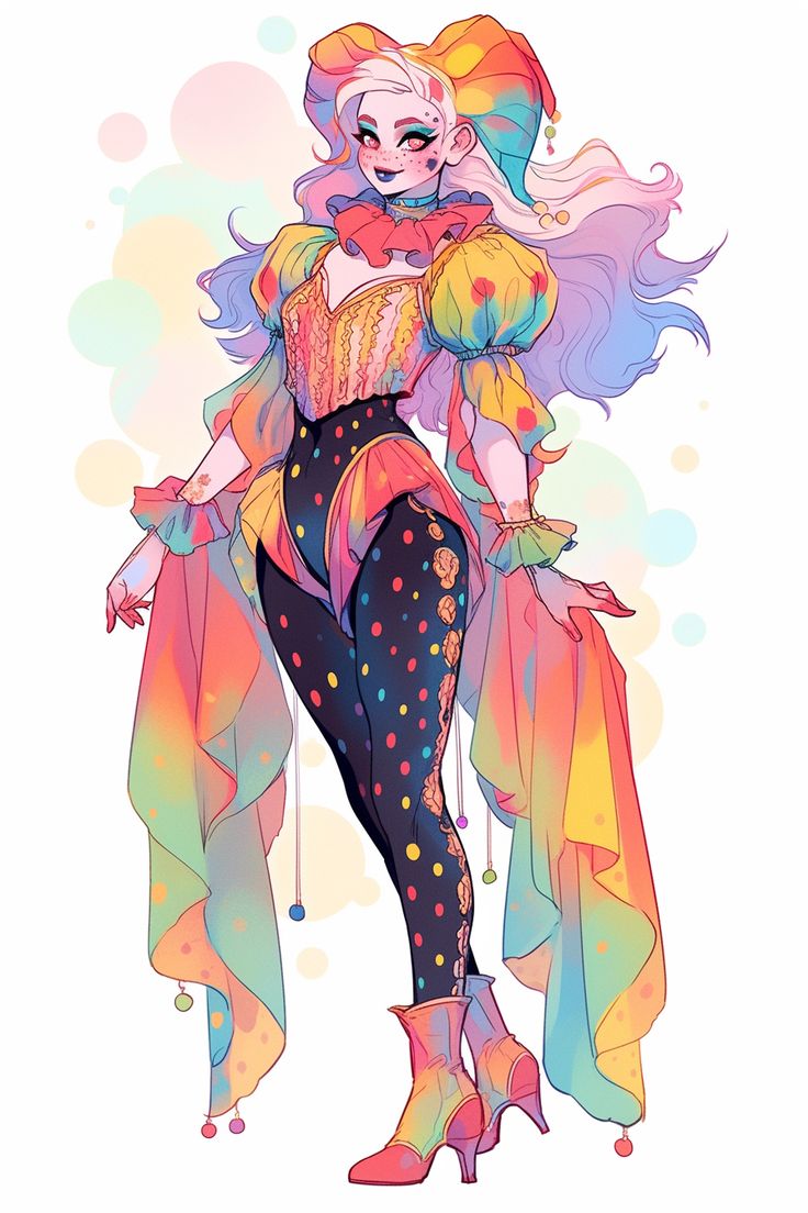 a fullbody illustration of a female clown with white hair and pink skin. she is wearing a rainbowcolored jester costume with polka dots and a hat. her makeup is light with blue eyeshadow and pink blush. she is also wearing brightly colored boots. the image is in a whimsical style with a white background.