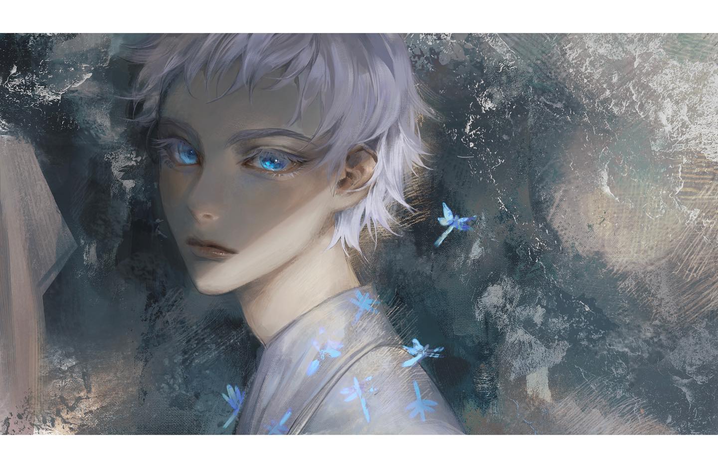 the image presents a closeup portrait of a young man with striking blue eyes and tousled white hair. he is dressed in a lightcolored kimono adorned with a subtle dragonfly pattern. the background is an abstract blend of dark and light blues, creating a sense of depth and mystery. the lighting is soft and directional, coming from the left, which casts a gentle shadow across the man's face. his expression is serene yet holds a hint of melancholy, drawing the viewer into his enigmatic gaze.