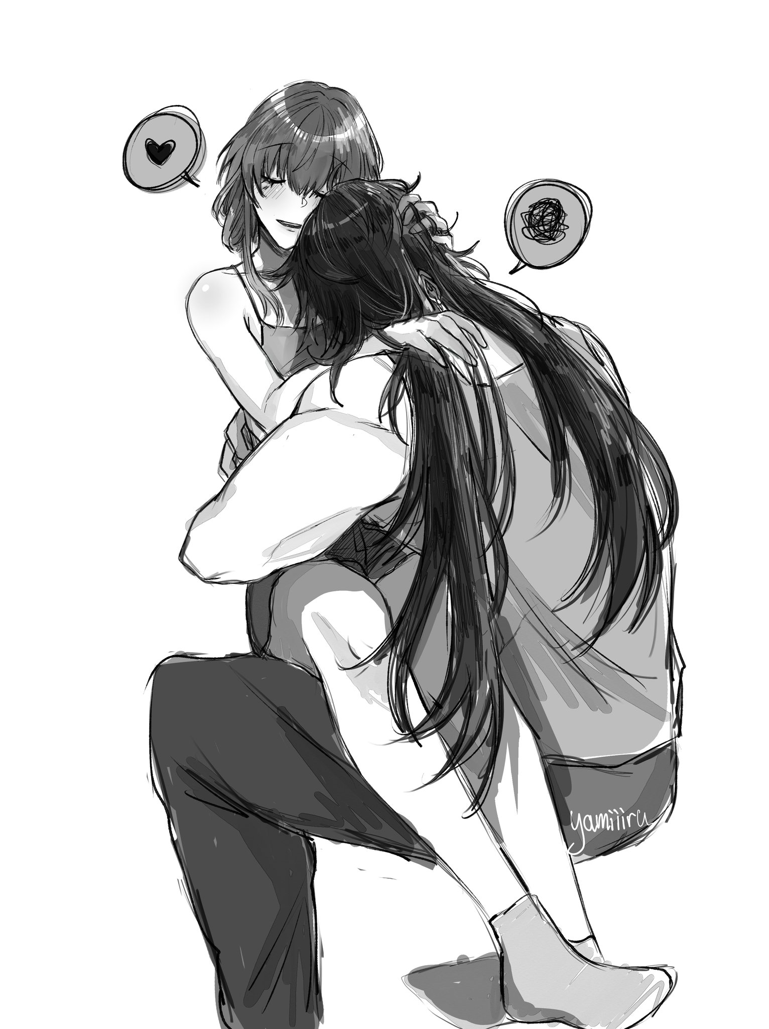 the image is a black and white illustration of two anime characters embracing. the female character has short hair and is sitting on the ground, holding onto the male character from behind. the male character has long black hair and is sitting with his legs crossed. they both appear to be dressed in casual clothes. the scene is set against a plain white background. there is a small speech bubble with a heart symbol on the upper left corner of the image and another small speech bubble with a swirl in the upper right corner of the image.