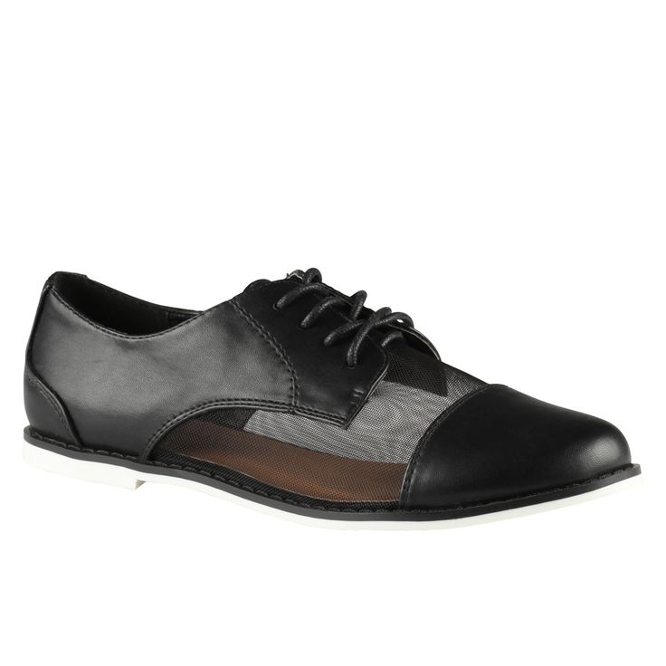 a studio shot of a black oxford shoe with mesh insets. the shoe has black leather on the toe, heel, and along the laces, and the middle section is a mesh material. it has a white sole.