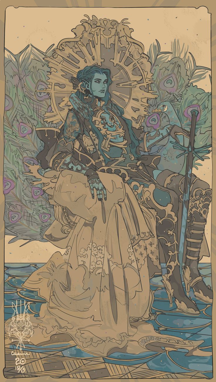 he image is a digital painting depicting a fantasy character, possibly an elf, seated on an ornate throne adorned with peacock feathers and clockwork elements. the character has blue skin, long dark hair, and is wearing a richly detailed robe. they hold a sword and are surrounded by a sunburstlike design. the style is reminiscent of art nouveau and vintage illustration, with intricate details and a muted color palette. the background features water and suggests a mystical or otherworldly setting. the artist's signature "cassia 2019" is visible in the bottom left corner.