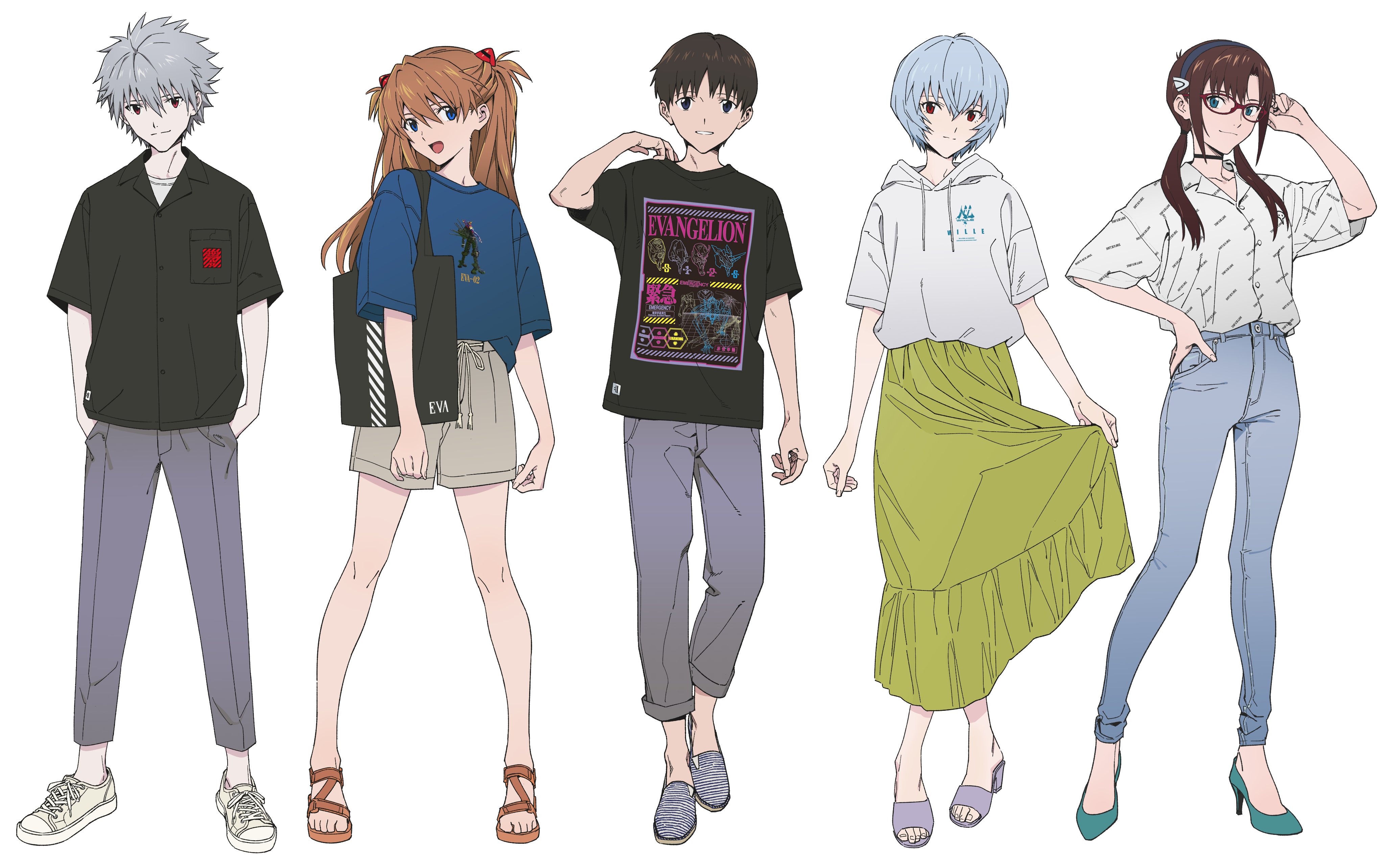 this image shows five main characters from the popular anime series neon genesis evangelion dressed in casual, modern streetwear.  shinji, asuka, rei, and mari are depicted in stylish outfits including graphic tees, shorts, skirts, and jeans, showcasing a blend of anime aesthetics with contemporary fashion trends. each character's unique personality is reflected in their individual clothing choices. the illustration style is clean and contemporary, with a focus on the characters' clothing and poses.