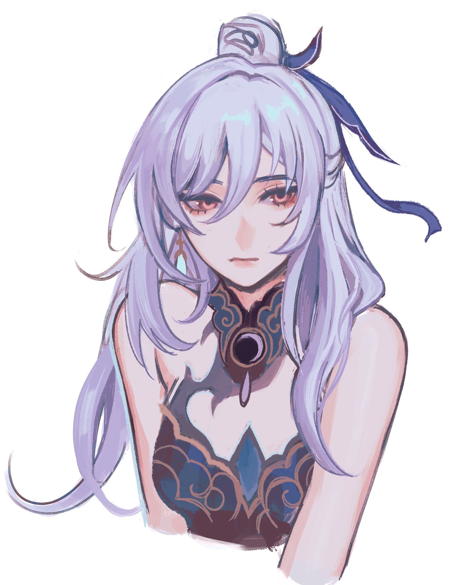 this is a digital drawing of a beautiful young anime girl with long purple hair and blue eyes. she's wearing a dark blue dress and a blue ribbon in her hair. the drawing is in a vibrant and detailed style, with a focus on her long hair and delicate facial features.