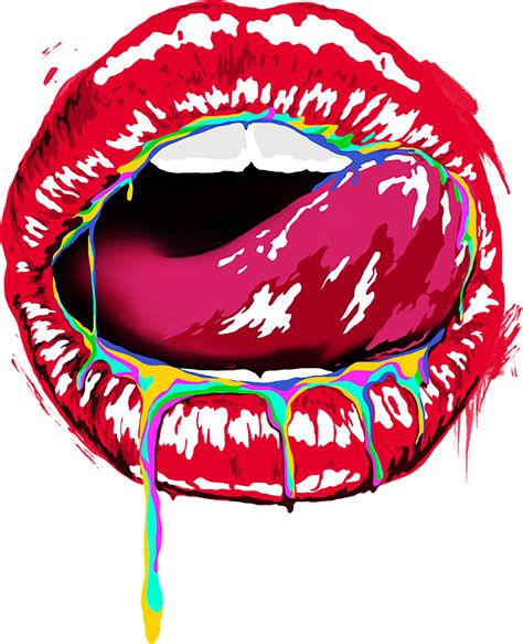a pair of red lips with an open mouth and tongue sticking out.  the lips have rainbow colored paint dripping from them.